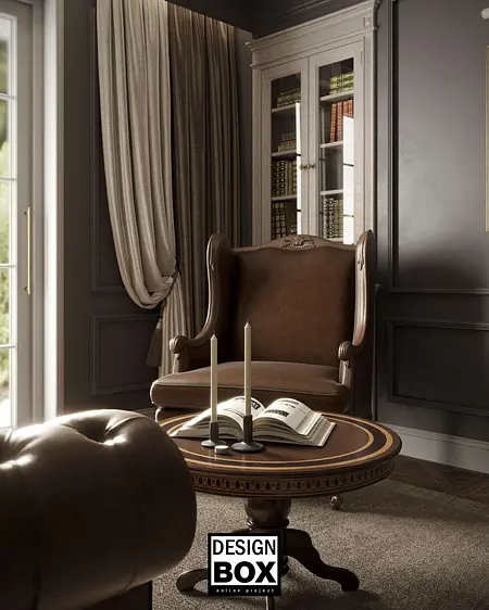 Wnętrze z brązowym fotelem, stolikiem i książkami, styl glamour.