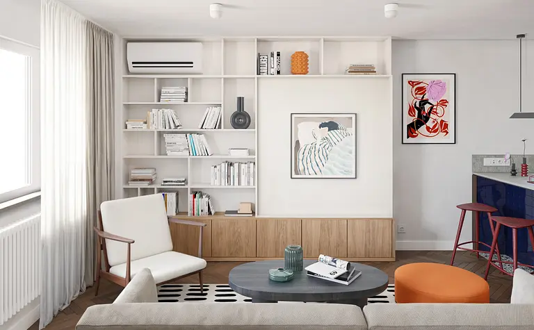 Wnętrze salonu z art deco, minimalistycznym i vintage designem oraz białymi meblami.