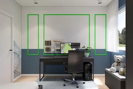 Wnętrze pokoju z biurkiem, komputerem i dekoracjami w stylu minimalistycznym, nowoczesnym, skandynawskim.