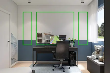 Wnętrze pokoju z biurkiem, komputerem i dekoracjami w stylu minimalistycznym, nowoczesnym, skandynawskim.