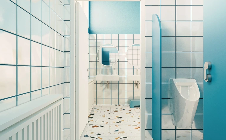 Wnętrze nowoczesnej łazienki z niebieskimi ścianami i białymi płytkami, dopamine decor, eklektyczny.