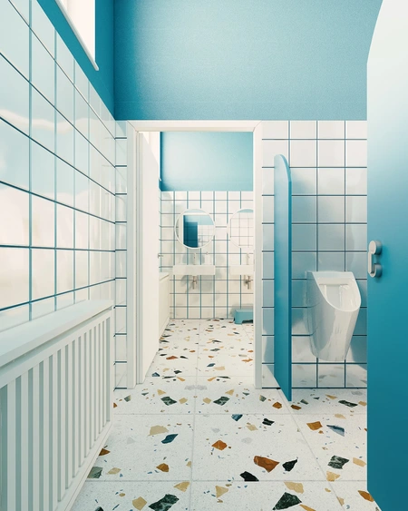 Wnętrze nowoczesnej łazienki z niebieskimi ścianami i białymi płytkami, dopamine decor, eklektyczny.