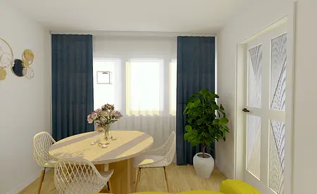 Wnętrze jadalni z okrągłym stołem, białymi krzesłami i zieloną rośliną.