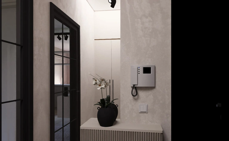 Przedpokój z minimalistycznym designem, współczesnym oświetleniem i rośliną