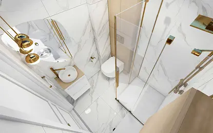 Wnętrze łazienki z płytkami w stylu art deco, glamour, minimaluxe, quiet luxury.