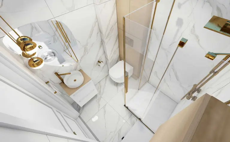 Wnętrze łazienki z płytkami w stylu art deco, glamour, minimaluxe, quiet luxury.
