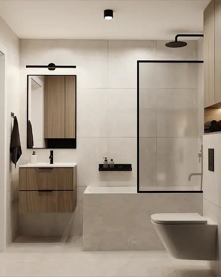 Nowoczesna łazienka z drewnianymi meblami i kabiną prysznicową w minimalistycznym stylu.