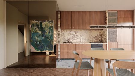 Wnętrze kuchni w stylu japandi z drewnianymi akcentami i minimalistycznym designem.
