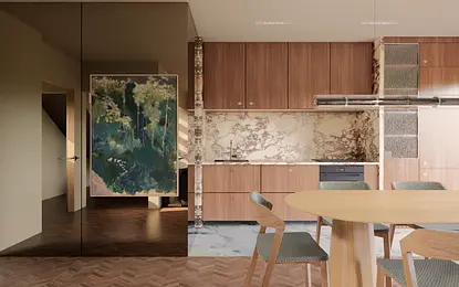 Wnętrze kuchni w stylu japandi z drewnianymi akcentami i minimalistycznym designem.