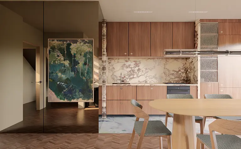 Wnętrze kuchni w stylu japandi z drewnianymi akcentami i minimalistycznym designem.