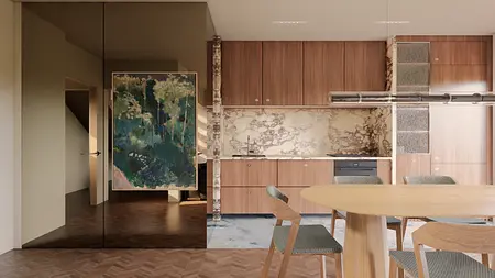 Wnętrze kuchni w stylu japandi z drewnianymi akcentami i minimalistycznym designem.