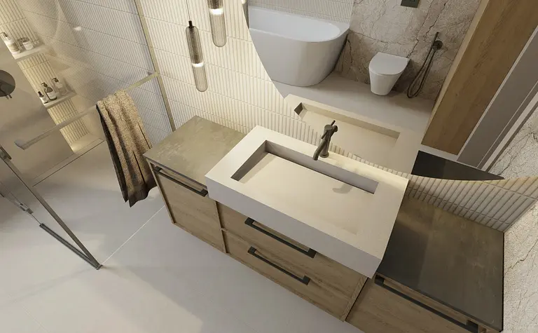 Nowoczesna łazienka z elementami boho, glamour, japandi i minimalistycznym wystrojem.