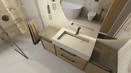 Nowoczesna łazienka z elementami boho, glamour, japandi i minimalistycznym wystrojem.
