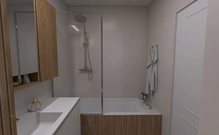 Nowoczesna łazienka z wanną, drewnianymi elementami i minimalistycznym designem.