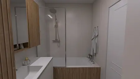 Nowoczesna łazienka z wanną, drewnianymi elementami i minimalistycznym designem.