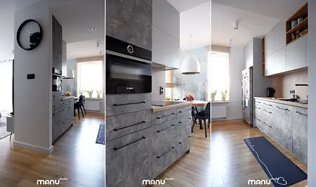 Wnętrze kuchni z nowoczesnym designem, skandynawską estetyką, współczesnym wyposażeniem.