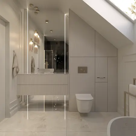 Nowoczesna łazienka z białą umywalką i szarymi detalami, styl glamour.