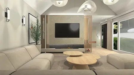 Wnętrze salonu w stylu boho, eklektycznym i japandi z beżową sofą i drewnianymi stolikami.