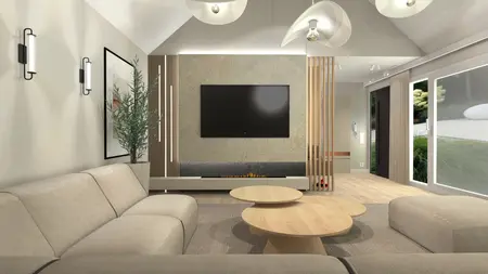 Wnętrze salonu w stylu boho, eklektycznym i japandi z beżową sofą i drewnianymi stolikami.