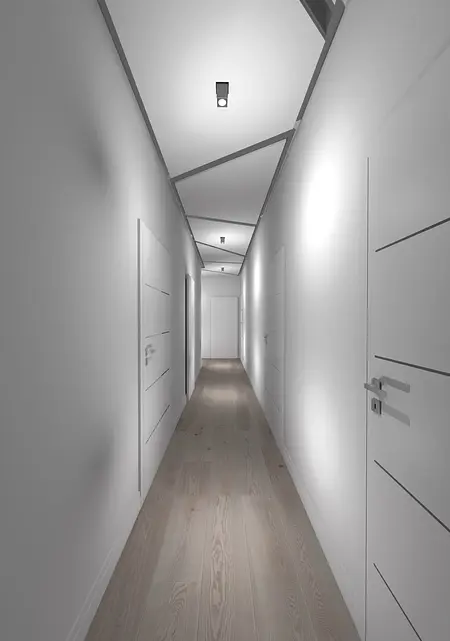 Korytarz w stylu dopamine decor i minimalistycznym z białymi ścianami i drewnianą podłogą.