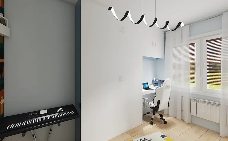 Wnętrze pokoju z biurkiem, białymi meblami i keyboardem, styl tradycyjny.