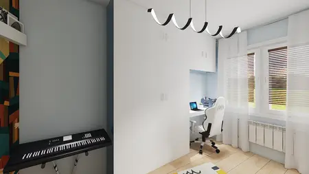 Wnętrze pokoju z biurkiem, białymi meblami i keyboardem, styl tradycyjny.