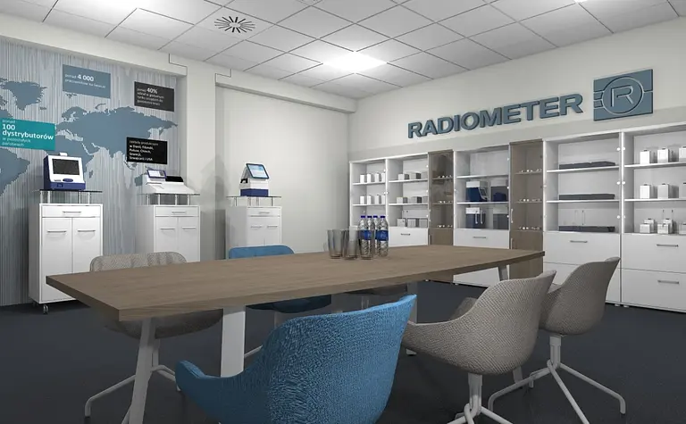 Biuro z industrialnym i minimalistycznym wystrojem, białe meble i nowoczesne urządzenia.