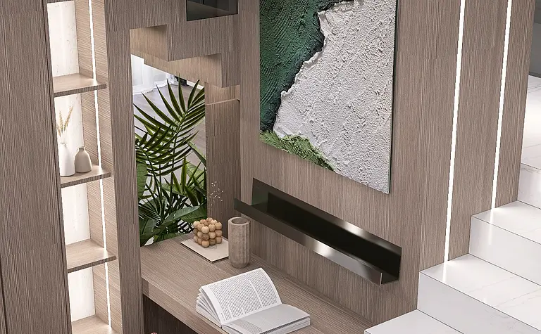 Minimalistyczne wnętrze z biurkiem, fotelem, rośliną, w stylu minimaluxe i quiet luxury.