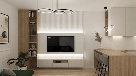 Nowoczesne wnętrze salonu z elementami glam i japandi, minimalistyczne meble i drewniane detale.