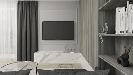 Stylowe wnętrze salonu z nowoczesnymi elementami glamour, szare zasłony i telewizor.