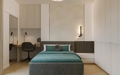 Sypialnia w stylu glamour i minimalistycznym z szarym łóżkiem, zieloną pościelą i biurkiem