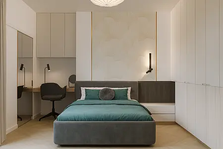 Sypialnia w stylu glamour i minimalistycznym z szarym łóżkiem, zieloną pościelą i biurkiem
