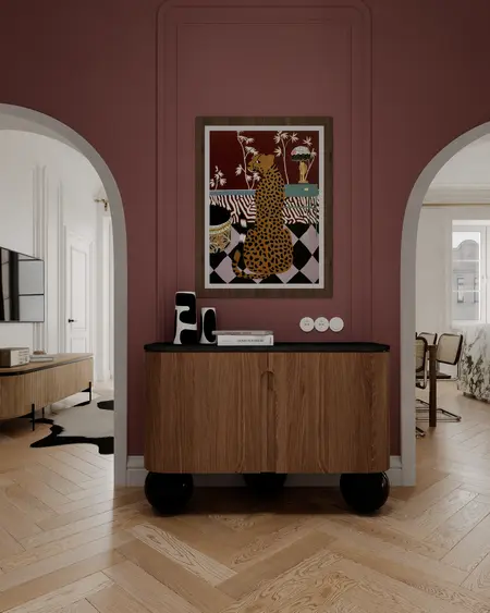 Wnętrze z komodą z drewna, różową ścianą, art deco, minimalistyczne, glamour