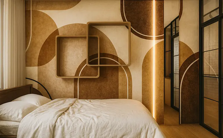 Sypialnia z industrialnym stylem, brązowymi ścianami i drewnianym łóżkiem.