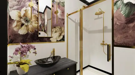 Wnętrze łazienki w stylu art deco z czarną umywalką i kwiatowym muralem.
