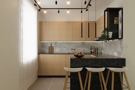 Kuchnia w stylu industrialnym z drewnianymi meblami i czarnym blatem. Minimalistyczny design.