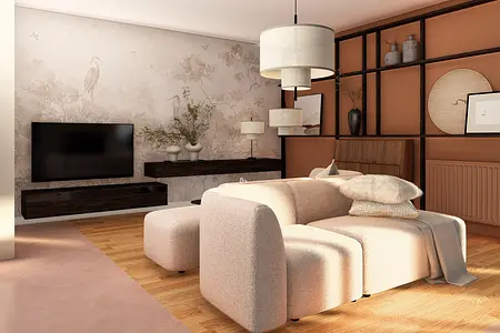 Wnętrze salonu w stylu japandi z jasną sofą i drewnianymi elementami.