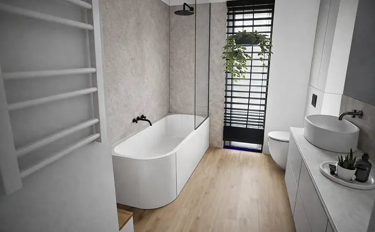 Minimalistyczna łazienka z wanną, białymi meblami i rośliną, styl japandi.