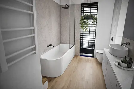 Minimalistyczna łazienka z wanną, białymi meblami i rośliną, styl japandi.