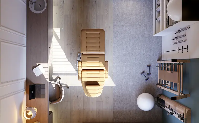 Wnętrze gabinetu w stylu art deco, minimalistycznym i nowoczesnym z beżowym fotelem.