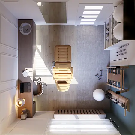 Wnętrze gabinetu w stylu art deco, minimalistycznym i nowoczesnym z beżowym fotelem.