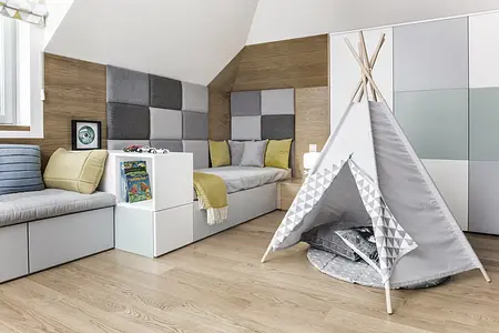Wnętrze pokoju dziecięcego w stylu minimaluxe, nowoczesnym, quiet luxury, współczesnym z tipi.