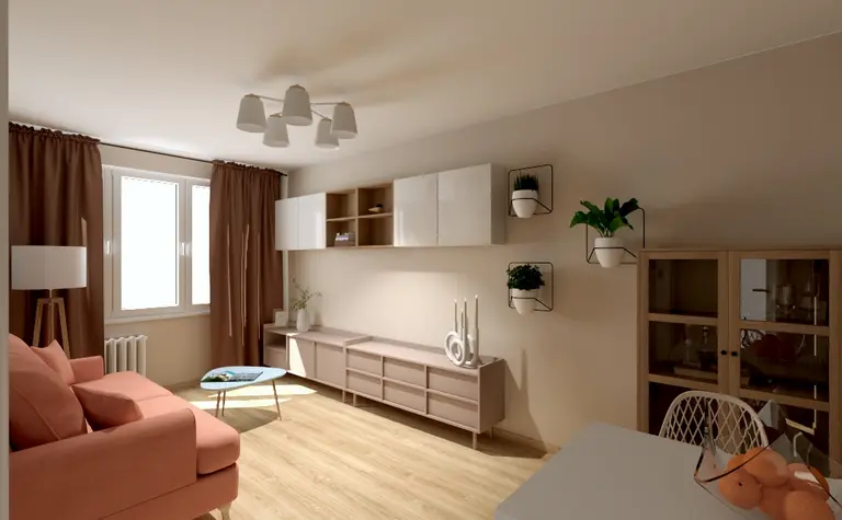 Wnętrze salonu z różową sofą i drewnianym stolikiem, nowoczesne akcenty.