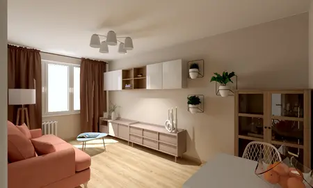 Wnętrze salonu z różową sofą i drewnianym stolikiem, nowoczesne akcenty.