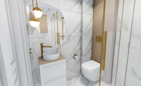 Nowoczesna łazienka z marmurowymi płytkami, złotymi akcentami, styl art deco, glamour, minimaluxe, quiet luxury.