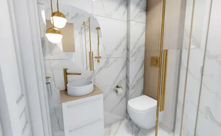 Nowoczesna łazienka z marmurowymi płytkami, złotymi akcentami, styl art deco, glamour, minimaluxe, quiet luxury.