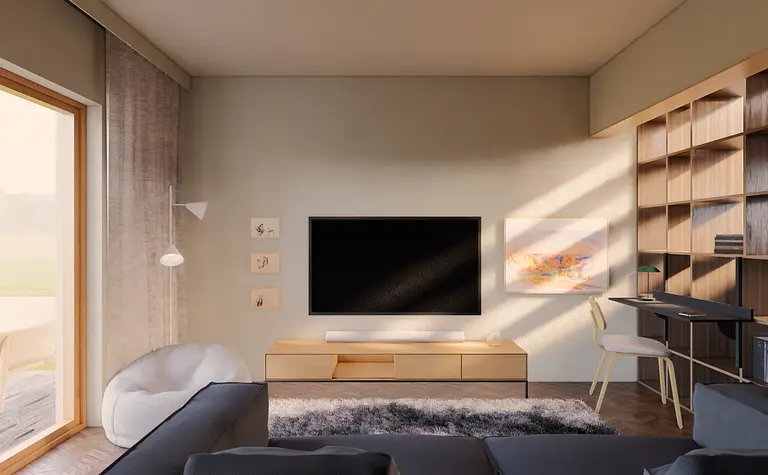 Wnętrze salonu w stylu japandi z minimalistycznym wystrojem, skandynawskim regałem i nowoczesnym oświetleniem.