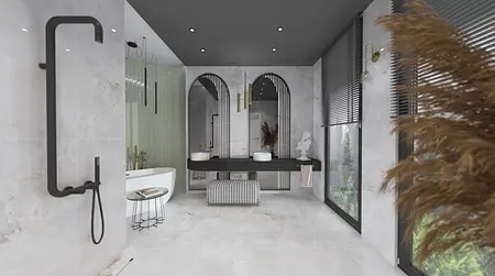 Nowoczesna łazienka z białą wanną i szarym wystrojem, w stylu quiet luxury i współczesnym.