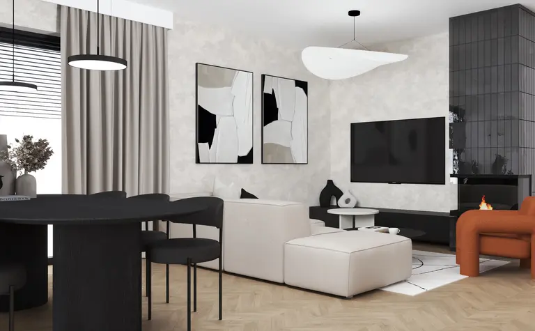 Wnętrze salonu w stylu industrialnym, minimalistycznym i skandynawskim, z czarnymi meblami.