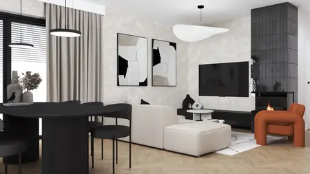 Wnętrze salonu w stylu industrialnym, minimalistycznym i skandynawskim, z czarnymi meblami.